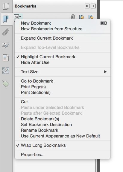 Screen shot of Adobe Acrobat's New Bookmarks menu