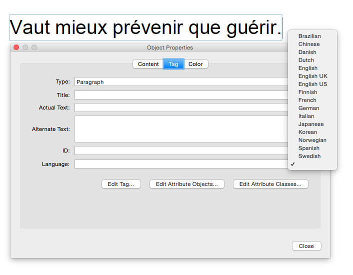 Screen shot of Object Properties dialog, used to change language to French for a selected paragraph that's in French