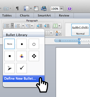 Screen shot of Word lists button with dropdown Bullet Library dialog