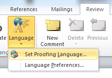 Screen shot of the Language button in Word 2010