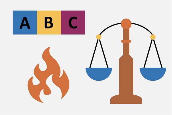 Flame, scales, and ABC blocks