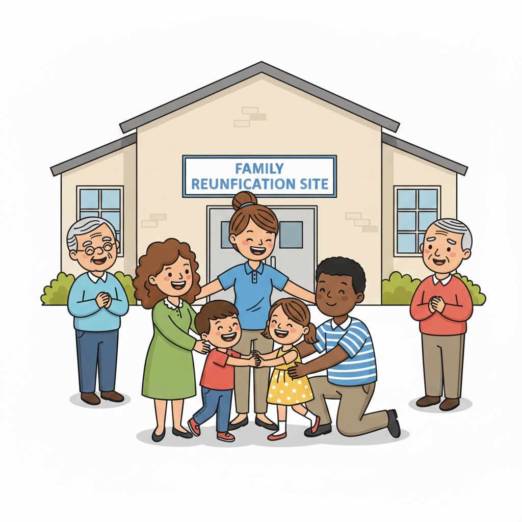 Families reunifying in front of a school