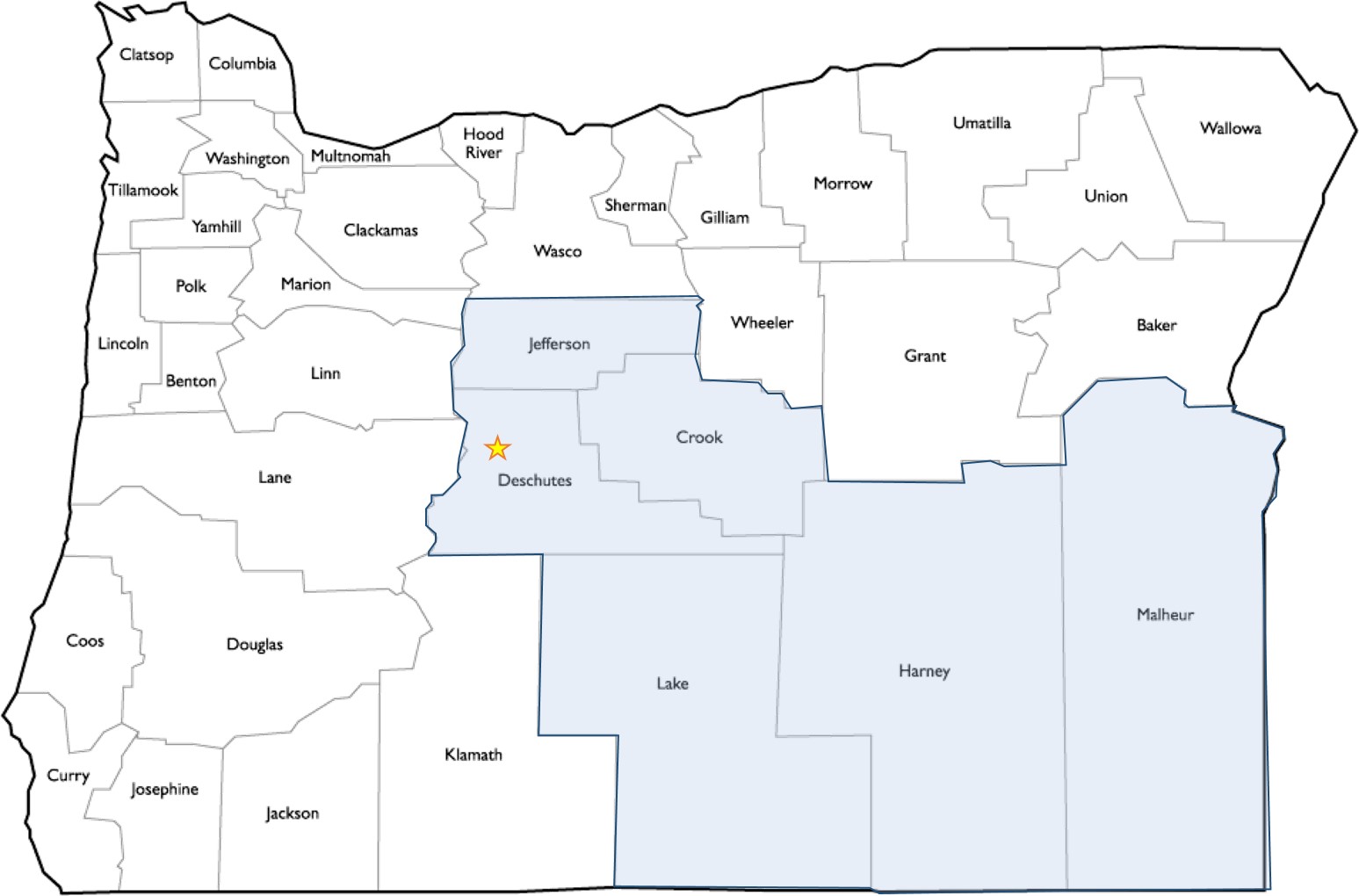 Map showing the Southeast region of Oregon