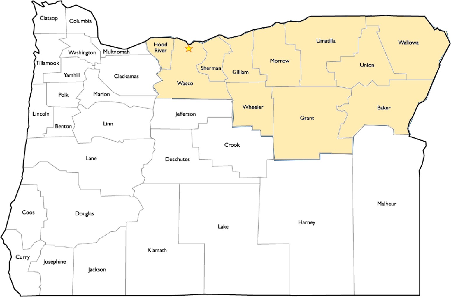 Map showing the North-central region of Oregon