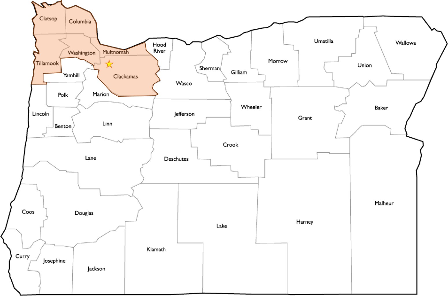 Map showing the Northwest region of Oregon