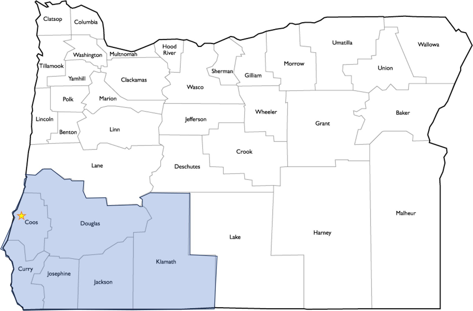 Map showing the Southwest region of Oregon