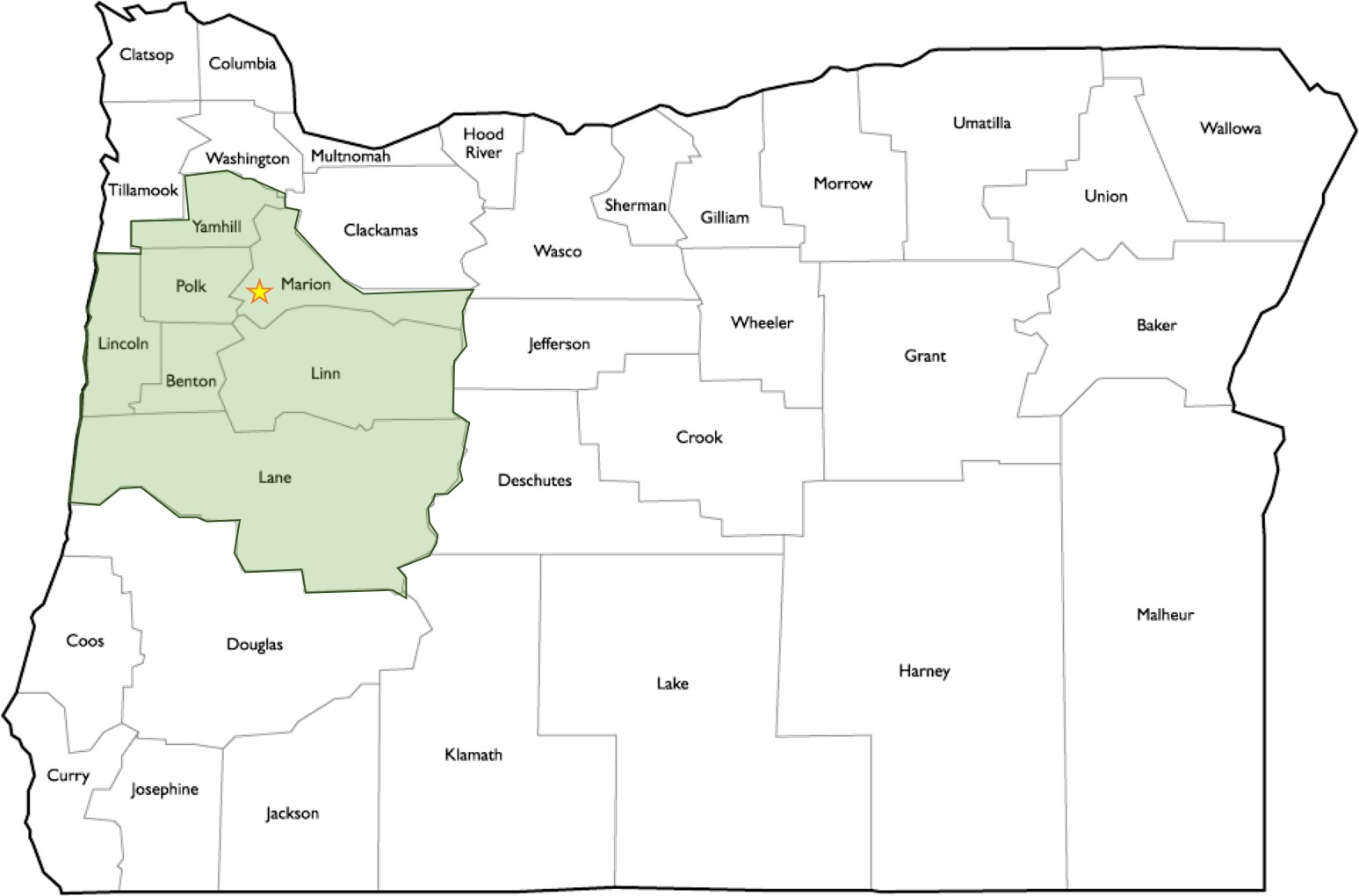 Map showing the Willamette valley and central coast region of Oregon