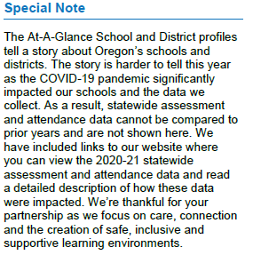 Special Note. The At-A-Glance School and District profiles tell a story about Oregon's schools and districts. The story is harder to tell this year as the COVID-19 pandemic significantly impacted our schools and the data we collect. As a result, statewide assessment and attendance data cannot be compared to prior years and are not shown here. We have included links to our website where you can view the 2020-21 statewide assessment and attendance data and read a detailed description of how these data were impacted. We're thankful for your partnership as we focus on care, connection and the creation of safe, inclusive and supportive learning environments.