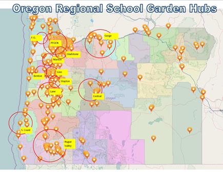 Oregon regional school garden hubs map. 12 Garden hubs spread accross the Western Oregon State.