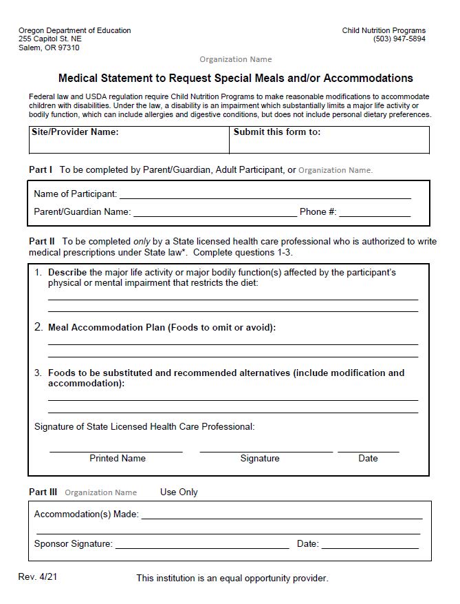 Oregon Department of Education : Child Nutrition Program Meal