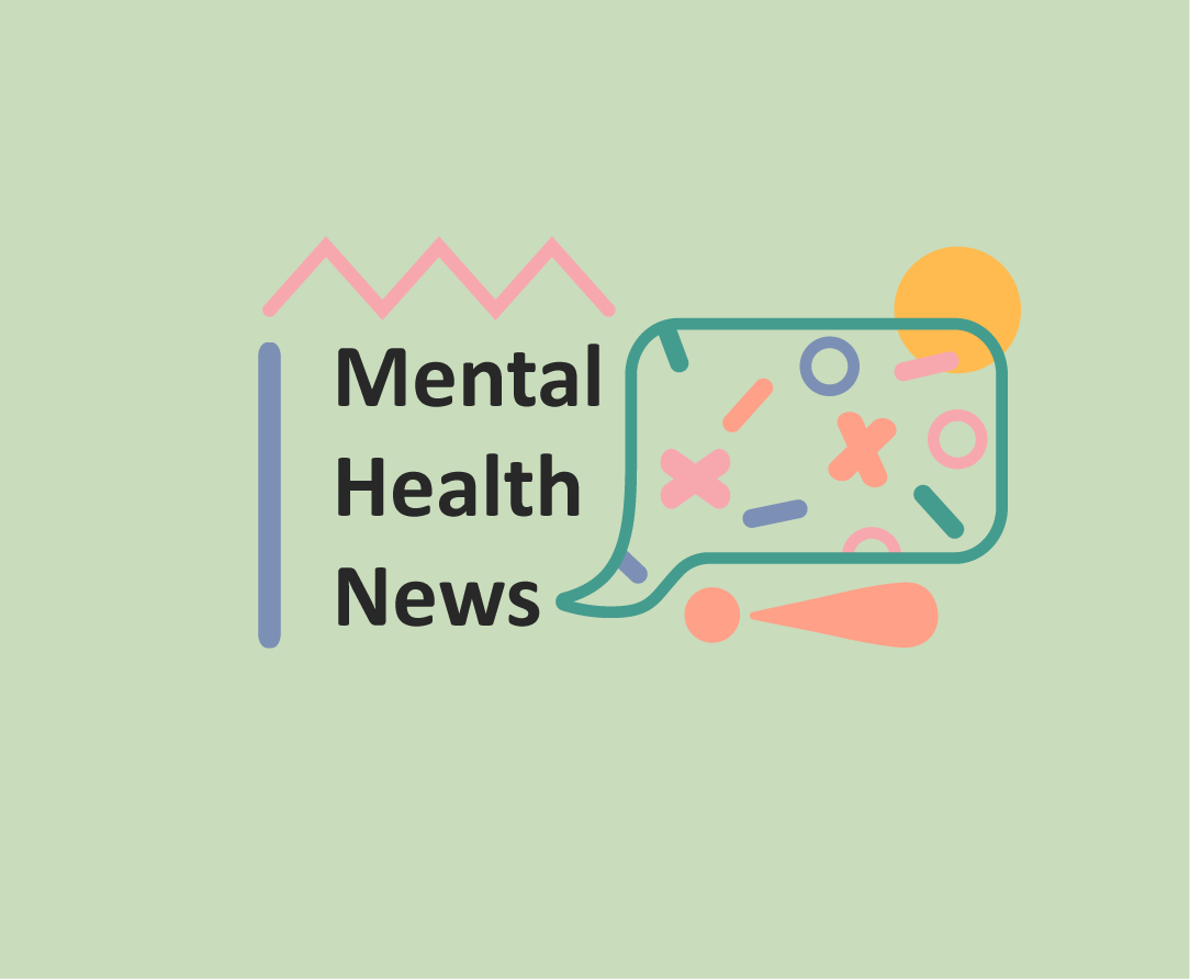 Mental Health News header with abstract shapes and a speech bubble with various shapes inside