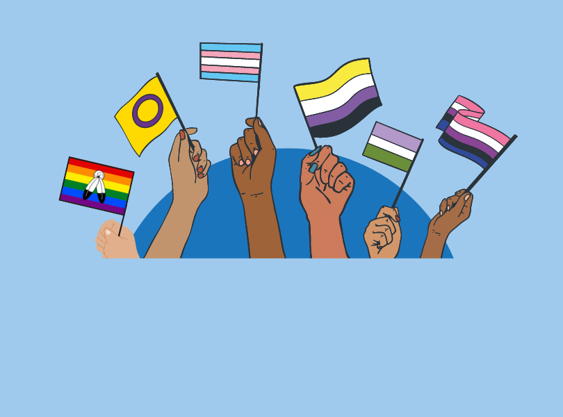 Illustration of several gender identity pride flags waving on light blue background