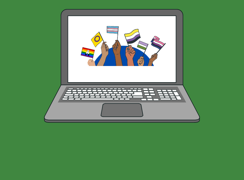 Illustration of several gender identity pride flags waving on laptop screen with dark green background