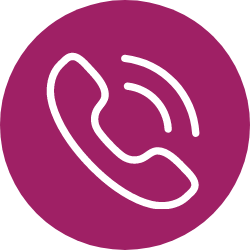Burgandy circle with white phone call icon within