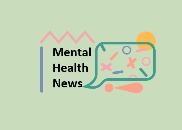 Mental Health News header with abstract shapes and a speech bubble with various shapes inside