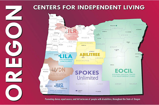 Map showing counties served by Centers for Independent Living in Oregon