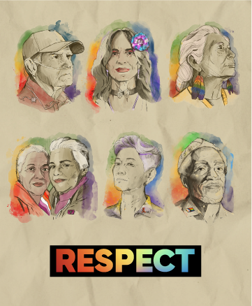 Illustration of six diverse older adults and the word "Respect" in rainbow colors