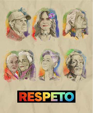  Ilustración de seis adultos mayores de diferentes orígenes y la palabra "Respeto" en colores del arcoíris