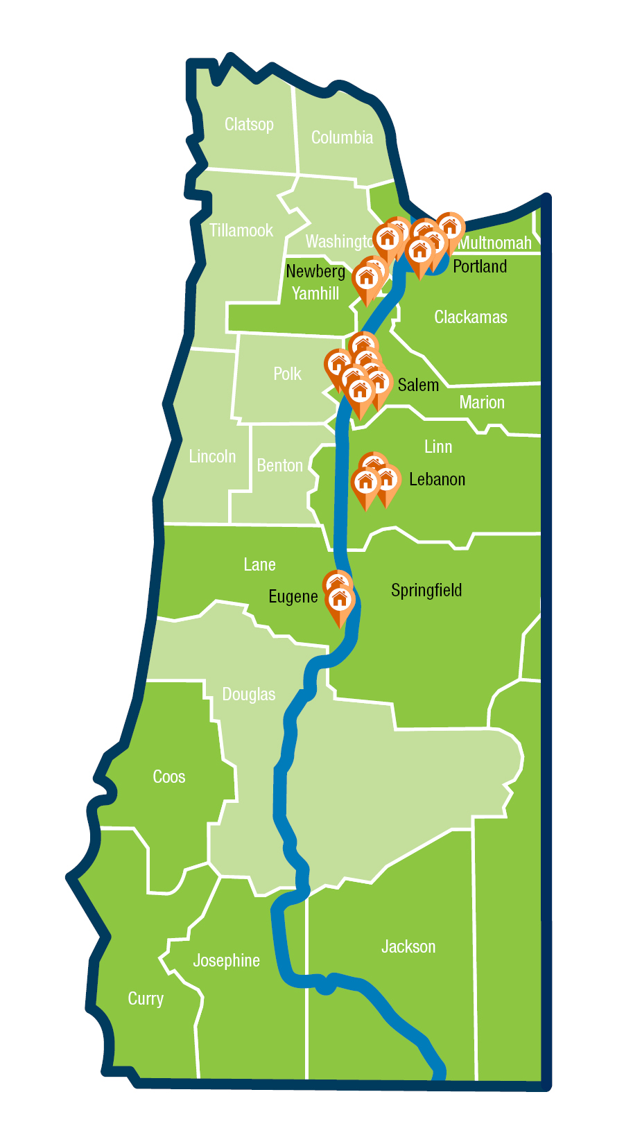 Map of SACU locations along I-5 in Oregon