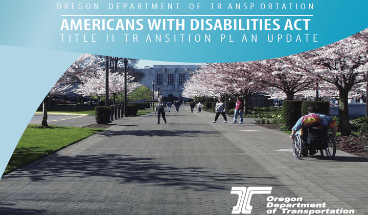 ADA transition cover page with individuals walking and a man on a wheelchair. 