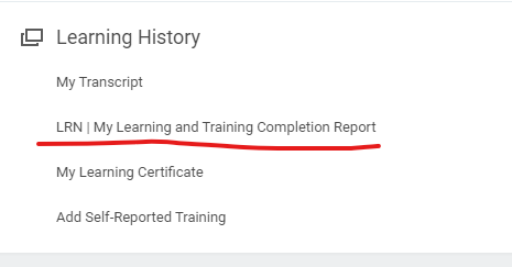 Image of Learning History menu items in Workday webpage