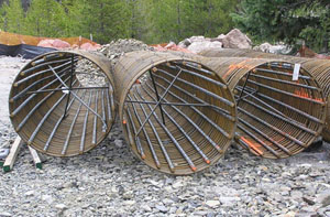 Drill shaft cages staged for installation