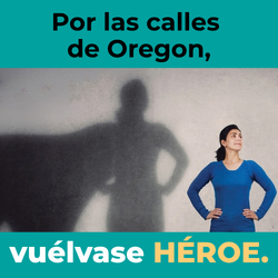 Una mujer se para derecha, proyectando una sombra de sí misma con una capa. A su alrededor están las palabras: Por las carretera