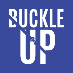 The words “buckle up” with a safety belt across them.