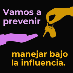 Una mano humana con la palma abierta recibe las llaves del auto de su amigo. Un mensaje lee: Vamos a prevenir manejar bajo la in