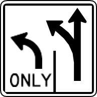 Señal: solo giro a la derecha para el carril izquierdo. El carril derecho puede continuar o girar a la izquierda.