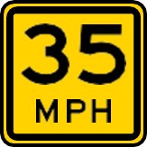 Señal: velocidad recomendada de 35 millas por hora