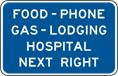 Señal: Comida-Teléfono-Gasolina-Alojamiento-Hospital a la próxima derecha