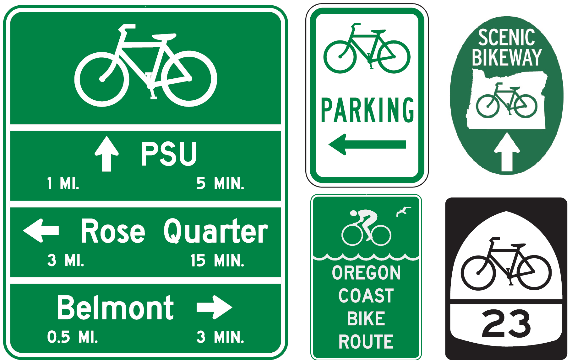 Image - A collage of various bicycle signs as seen throughout Oregon.