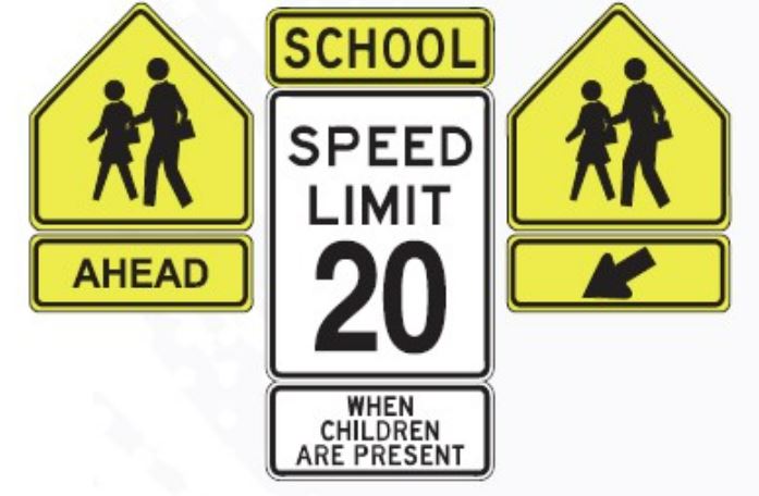 School Zone and Crossing Ahead signs