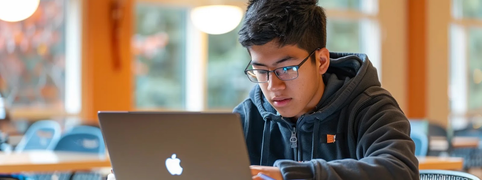 Joven sentado lee de una computadora portátil.