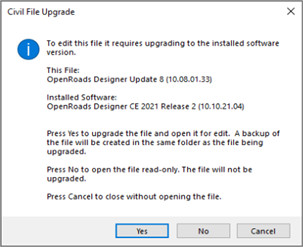 Civil File Upgrade dialog prompting to upgrade [Yes], open the file read-only [No] ,or close the file [Cancel].