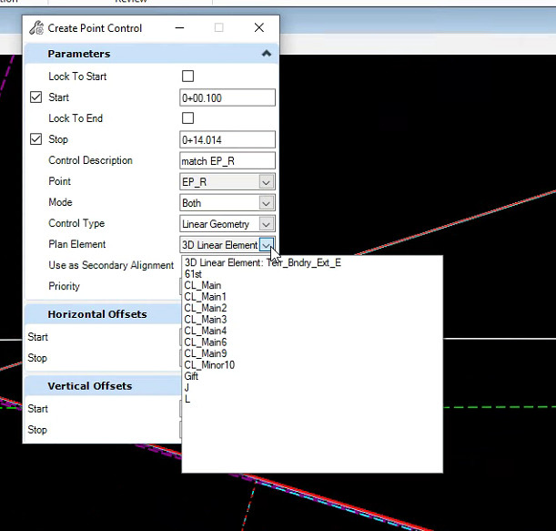Create Point Control dialog with Control Type set to Linear Geometry. The Plan Element pull down list is expanded .