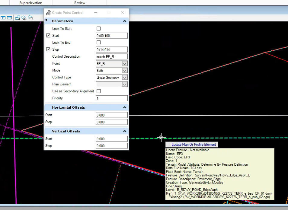 Create Point Control dialog with Control Type set to Linear Geometry. Mouse cursor is hovering over a dashed green line