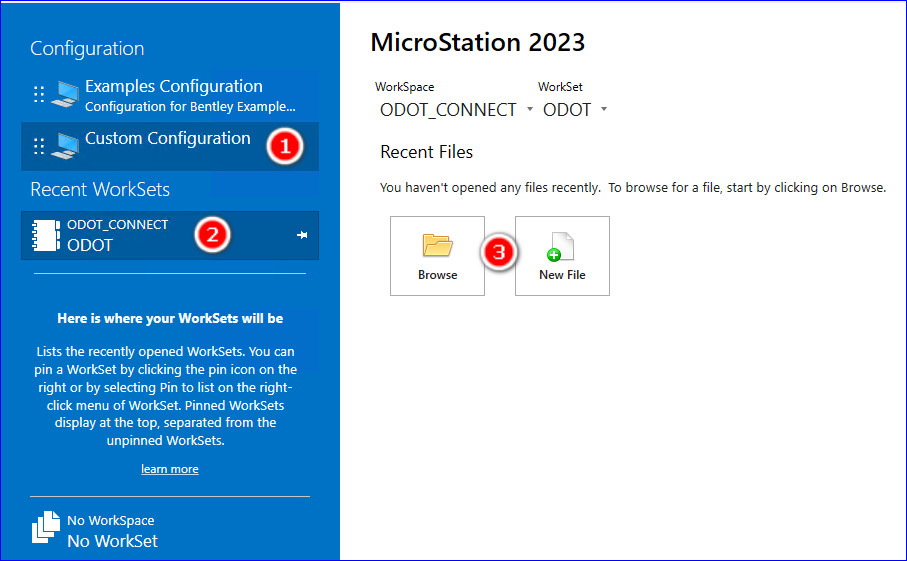 Screenshot of MicroStation 2023 Work Page. Red numbered circles show the steps to open a DGN file.
