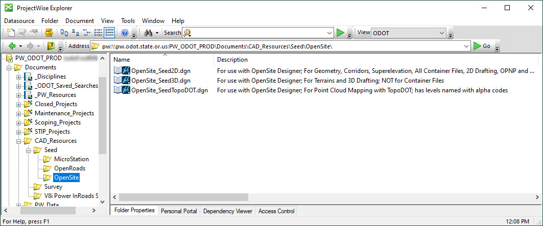 ProjectWise Explorer open to the CAD_Resources>Seed>OpenSite folder showing three seed files