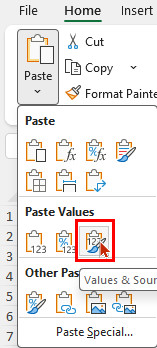 Red outline around the Paste Values & Source Formatting command