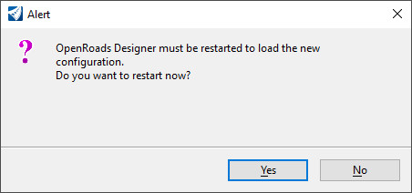 Alert dialog from OpenRoads Designer with Restart now question.