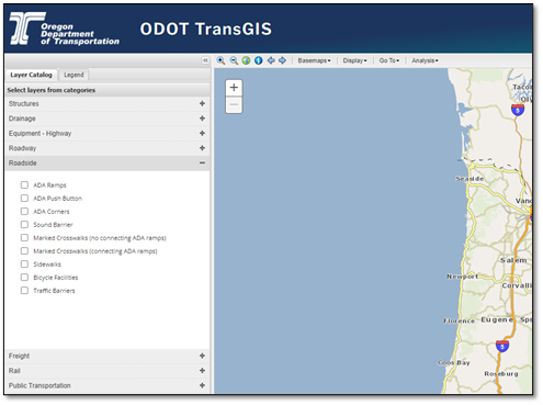 ODOT GIS showing roadside under the layers catalog can be selected.