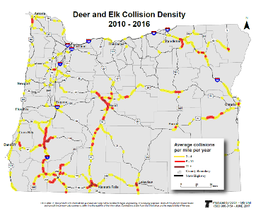 Map of deer and elk collision locations on Oregon highways