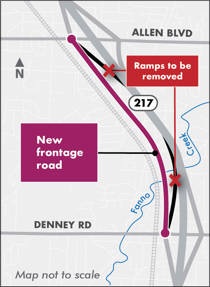 Map showing new frontage road to west of highway and two ramps closed. 
