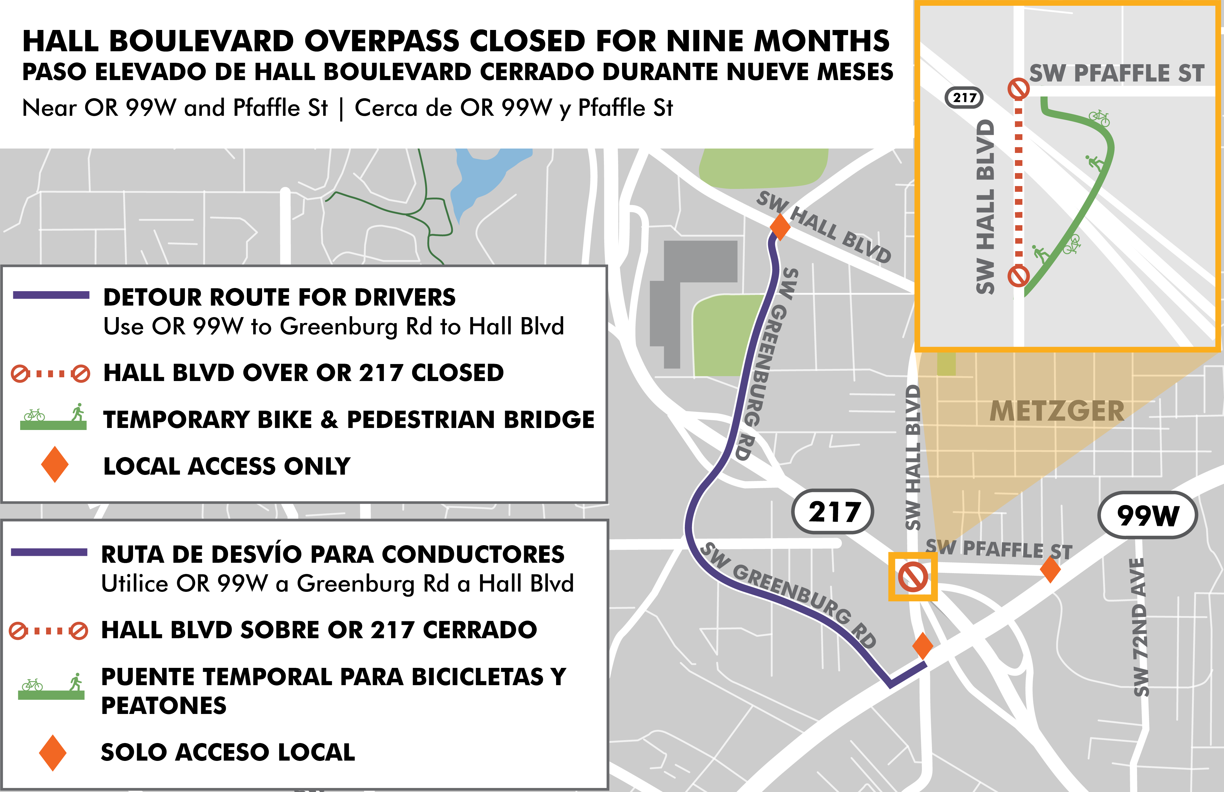 Map of Hall Boulevard overpass closure in Tigard.png