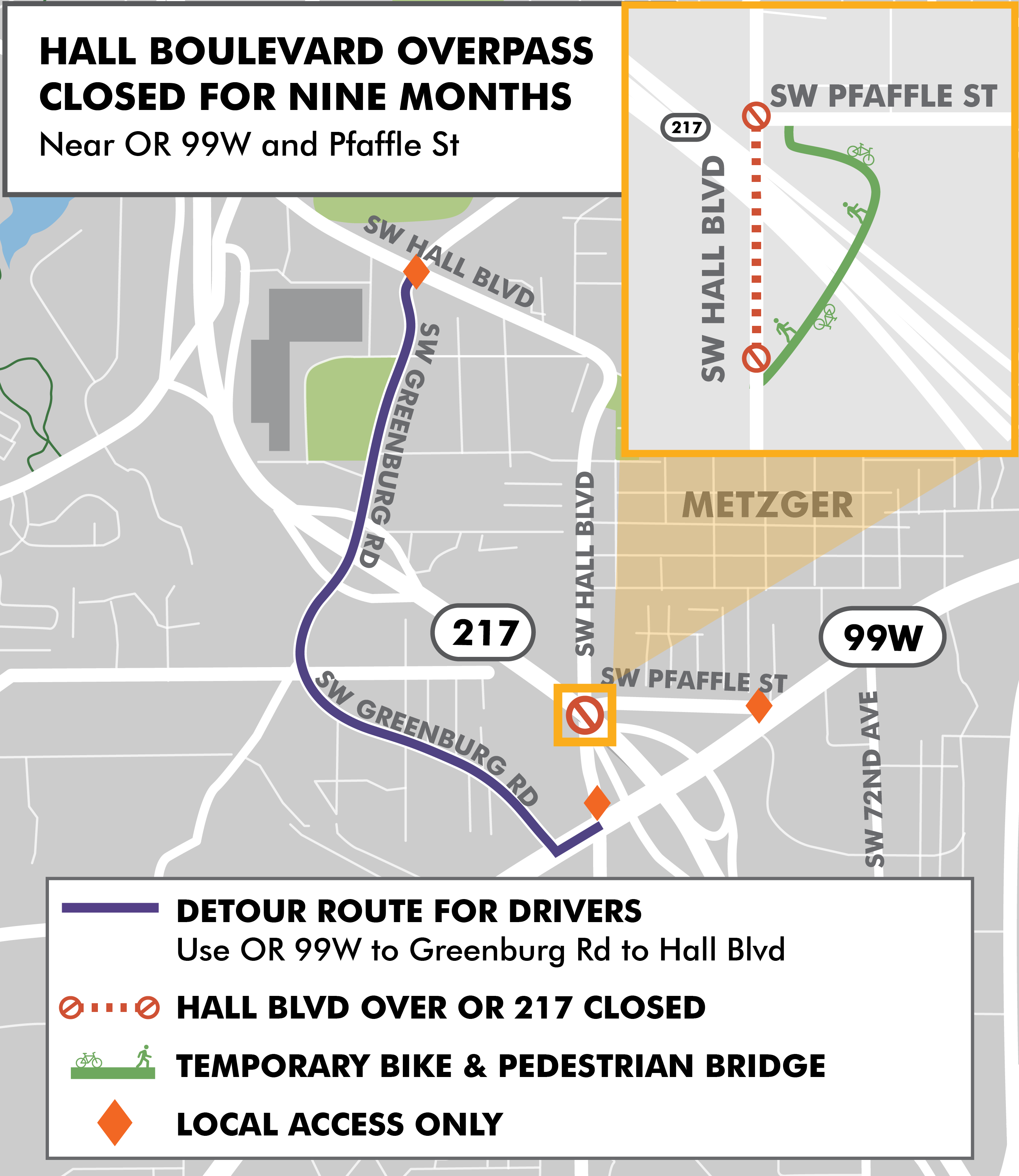 Hall Boulevard overpass in Tigard closure and detour map
