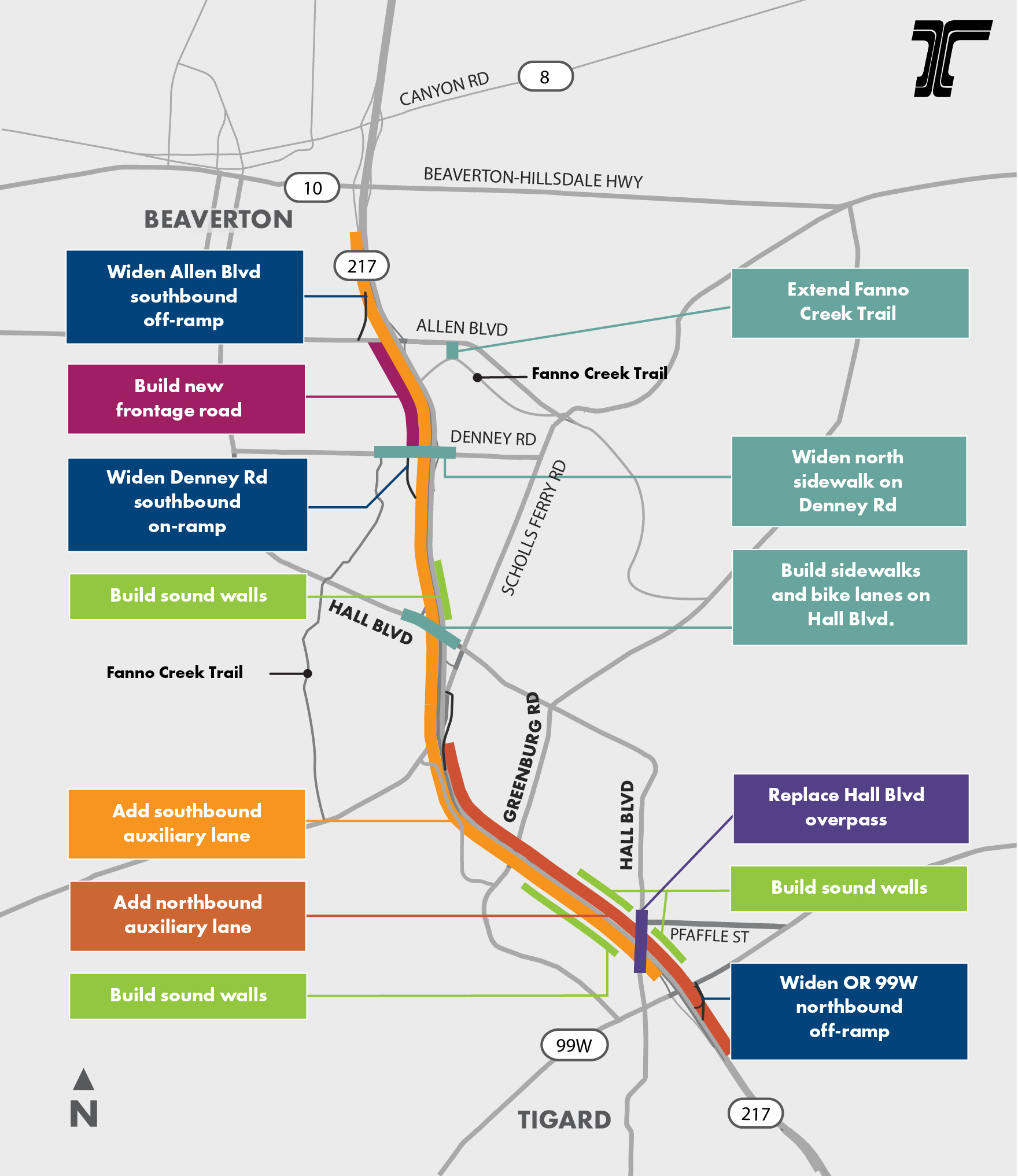 Map from Beaverton-Hillsdale Highway in Beaverton and Oregon 99W in Tigard. Nine project elements are shown as described below. 