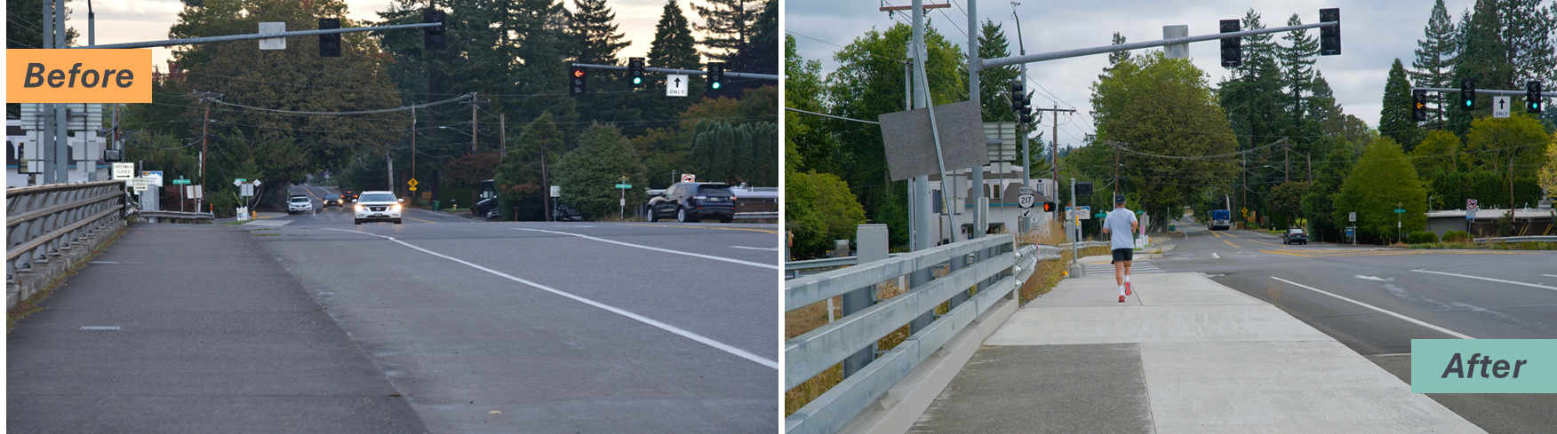 Before and after photos of wider sidewalk on Denney Road.png