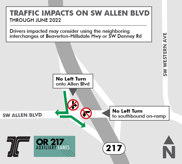Map showing no left turns from 217 offramp to eastbound Allen and no left turns from westbound Allen to 217 onramp 